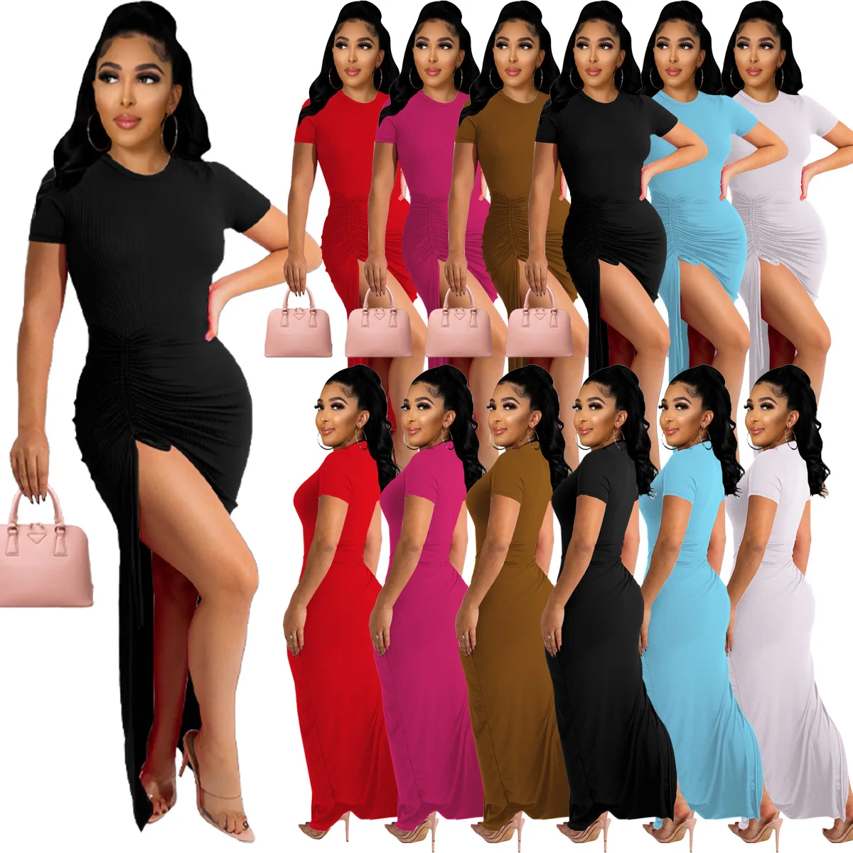 

Summer New Arrivals Short Sleeve Maxi Casual Dresses Lady Plus Size Knit Side Slit Drawstring Dress, As pic