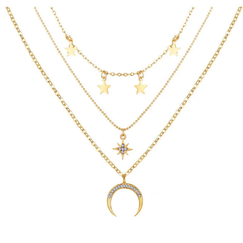 

Luxury Three Layer Pendant Necklace Set Multilayer Gold Plated Moon Star chain necklace for Women Sexy Moon charm necklace