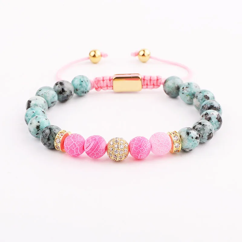 

Natural Stone Agate CZ Pave Ball Handmade Customize Logo Macrame Friendship Bracelet Women