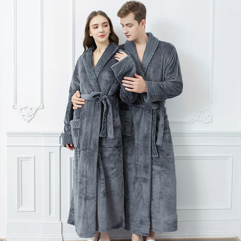 

Autumn/winter Flannel Nightgown Medium Length and Large Size Thick Pajamas for Men and Women Lovers Spring Bathrobes