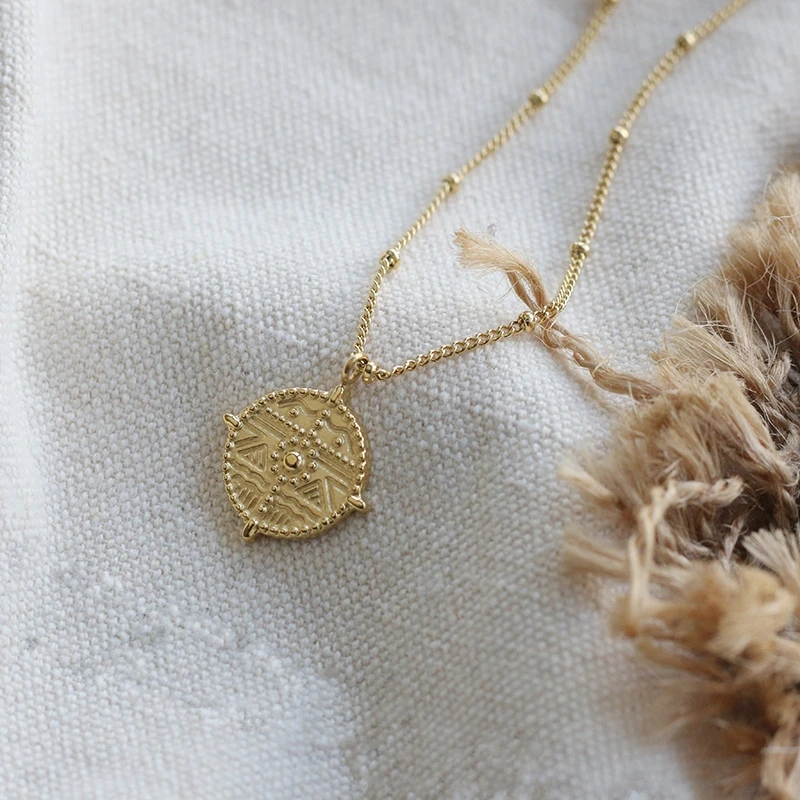 

Vintage Women Jewelry Stainless Steel Beaded Chain 18 Gold Plated The Wheel of Fortune Coin Pendant Necklaces