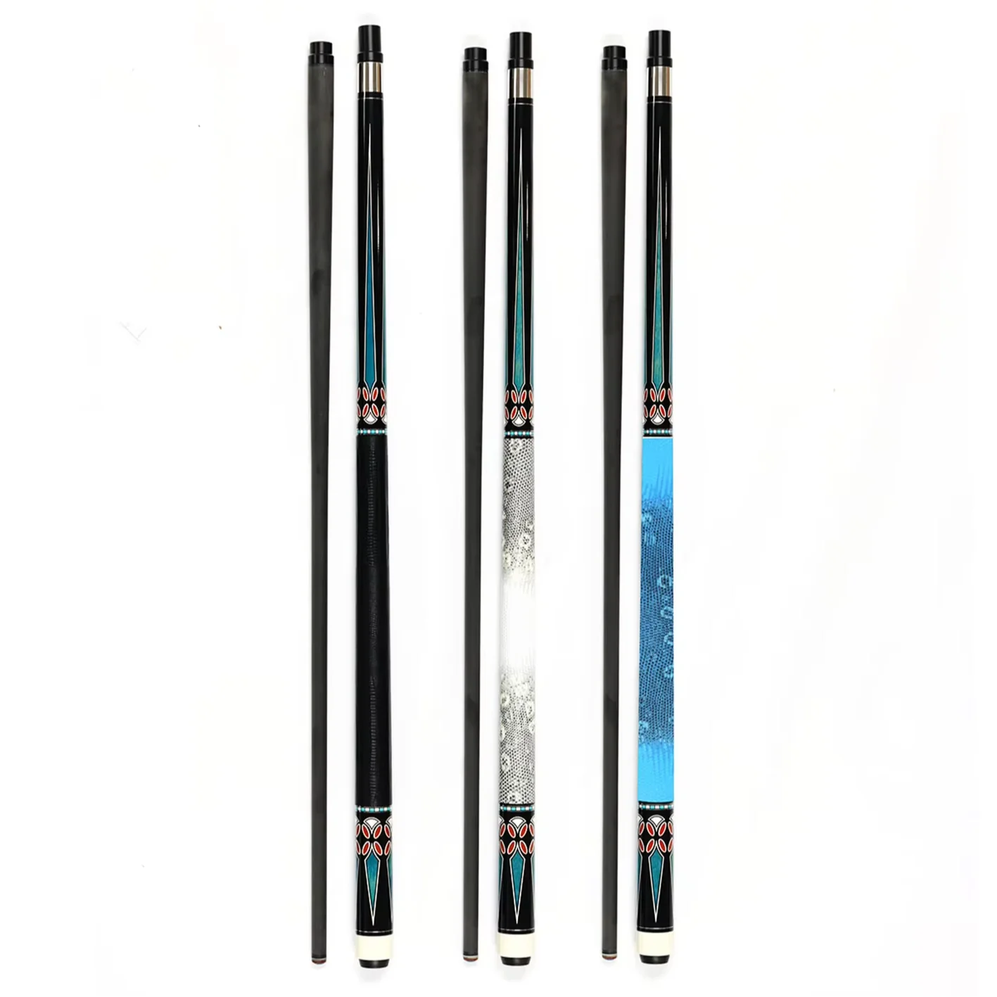 Popular 1/2-pc Uni-Lock Joint Carbon Fiber Blue/White/Black LeatherGrip 58 Inch Billiard Pool Cue Sticks with Extension for Sale