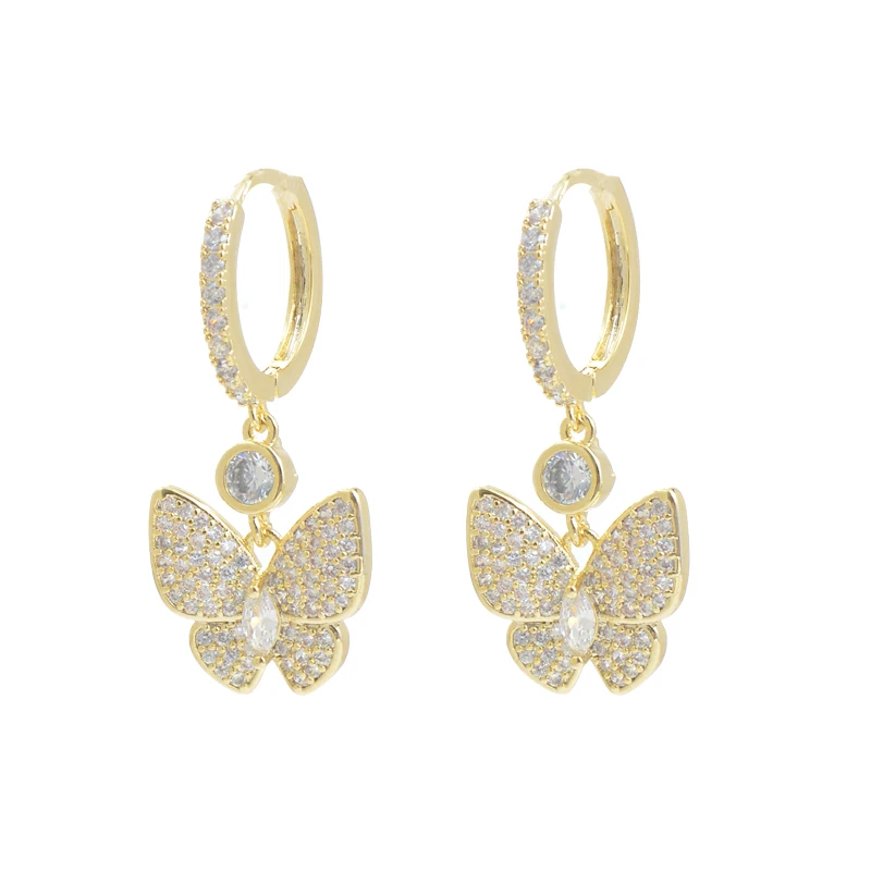 ED62202 Korean fashion gold plated women jewelry diamond butterfly drop hoop earrings