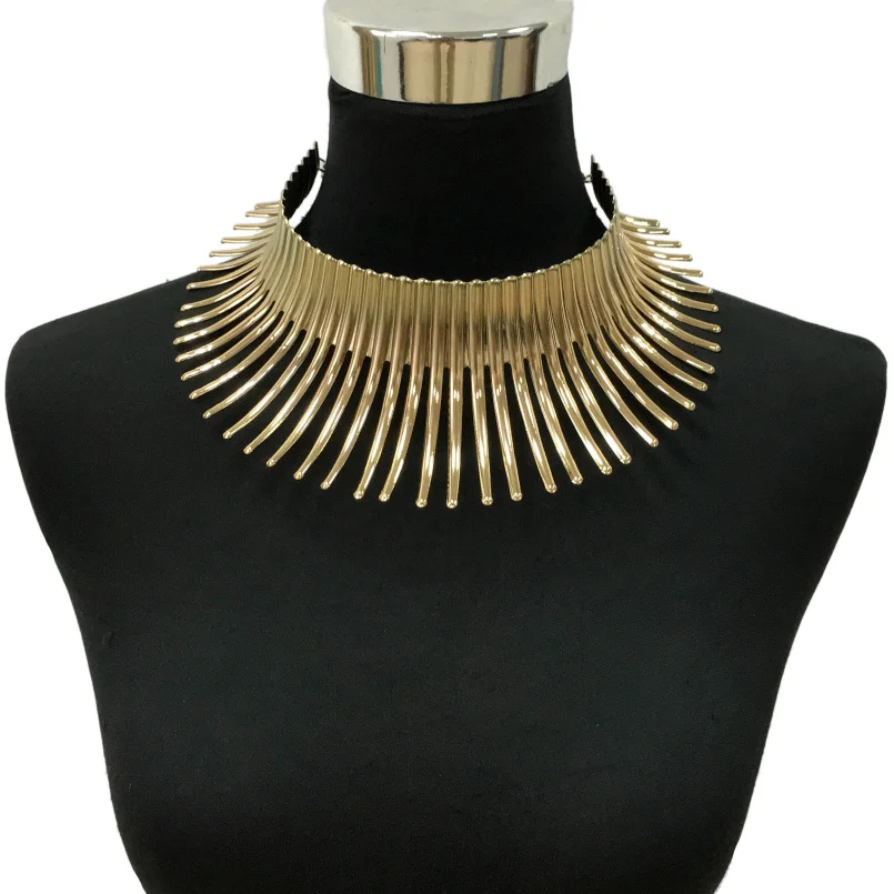 

Vintage Gold Plated Choker Necklaces Statement Collars Bending Metal Big Torques African Charm Fashion Jewelry, Gold , silver