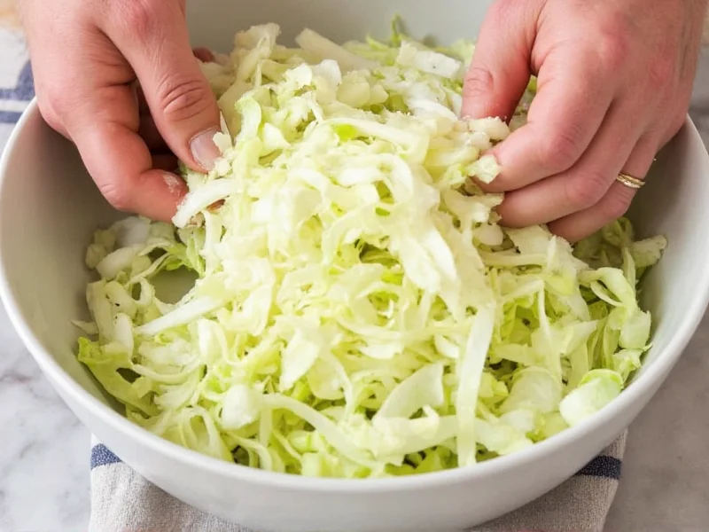 Hands massaging shredded cabbage with salt in bowl