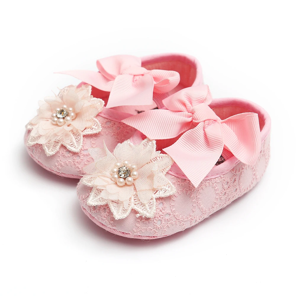 

New style Cotton fabric Flower lace ball pink bowknot girl lovely party princess dress crib baby girl shoes, White, pink