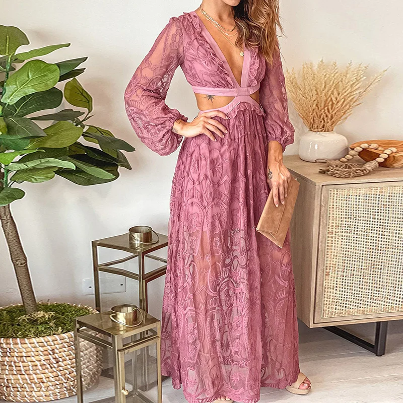 

2022 Women Clothing Elegant Casual Sexy Summer Fashion Dresses Sundress Cut Out Lace Bubble Sleeve Maxi Dress Ladies