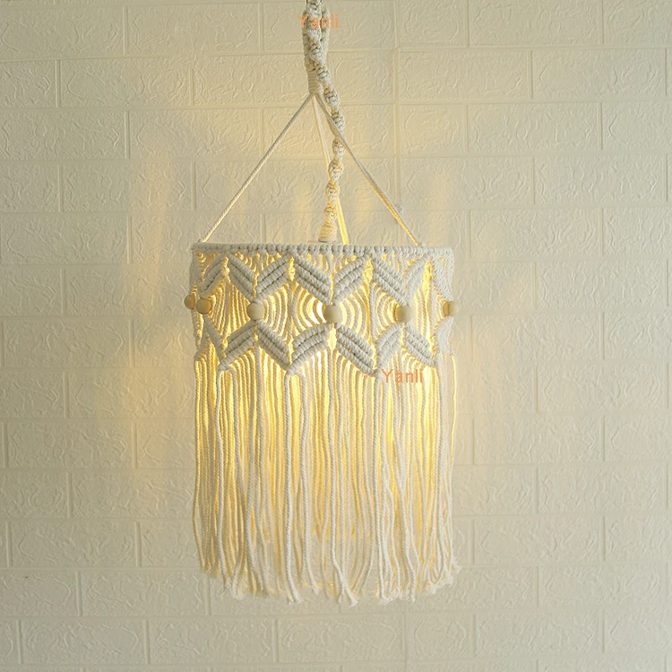 

Macrame Lamp Shade Bohemian Hanging Pendant Light Cover Handmade Cotton Tasseled Chandelier Decoration, White