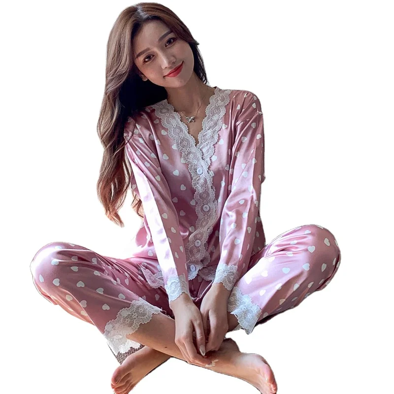 

New design Girl print nightwear Suit long Sleeved Two-Piece Silk Satin Pajamas women's sleepwear, Picture shows