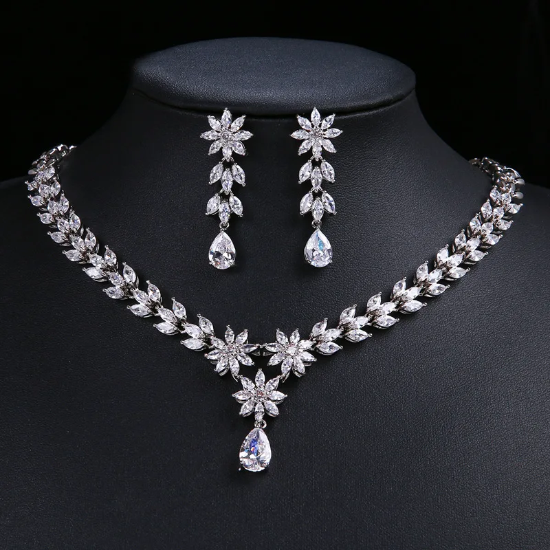 

Long floral zircon bridal necklace earrings set wedding jewelry set bridal, Silver