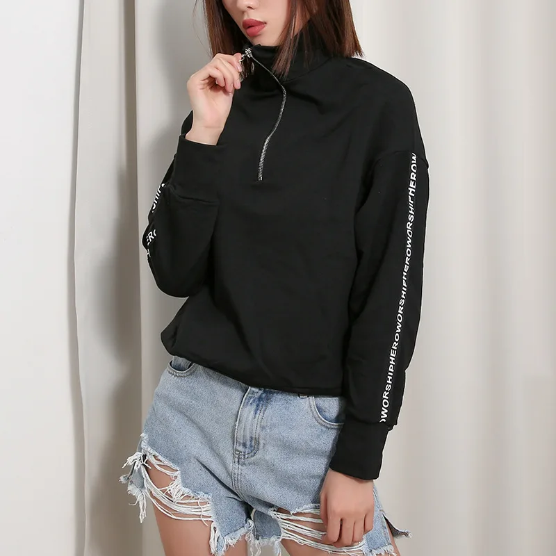 

New fashion small letters print zipper high collar long sleeve women black t shirt