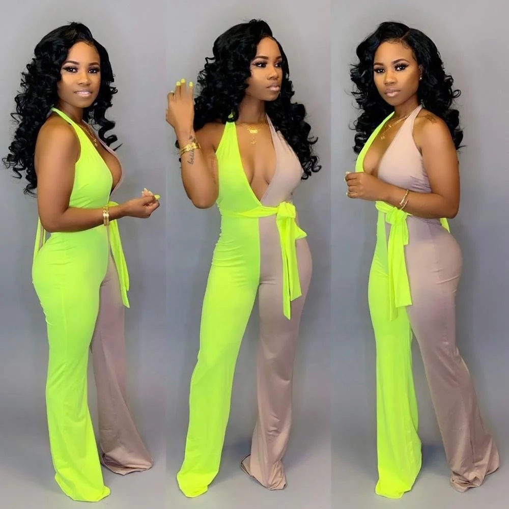 

Casual Wide Leg Sleeveless One piece V- neck Patwork Jumpsuit With Long Pants, Shown