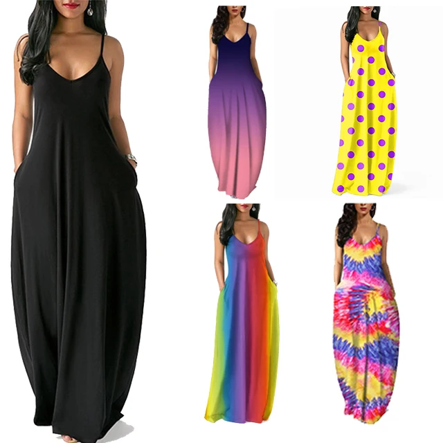 

Ladies Tie-Dye Gradient Diagonal Stripe Long Maxi Dresses Floor Length Sleeveless Pocket Dress Deep v Suspender Summer Dress, Orange, wine red, navy, black