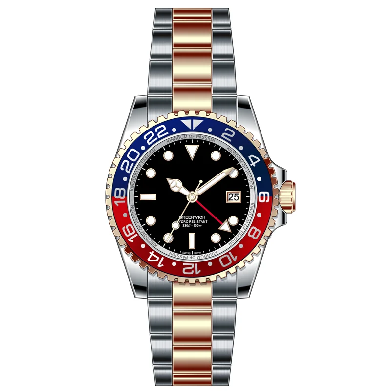

luxury rose gold solid stainless steel bracelet Colorful rotating bezel Super-LumiNova automatic/quartz wristwatches for men, Rose gold/silver