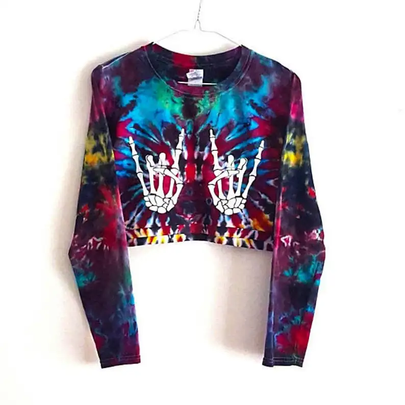 

Long Sleeve Pastel Skeleton Tie Dye Crop Tops, Picture