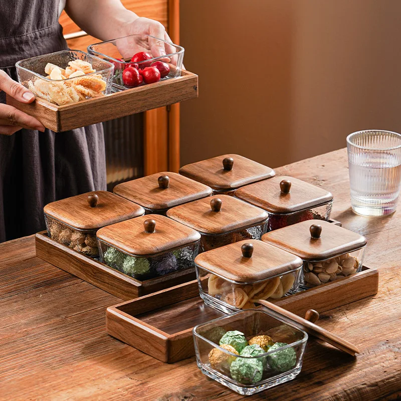 Walnut Creative Home Partition Dry Fruit Tray Plant Pattern Dessert Sugar Glass Bowl Fruit Plate Snack Tray for Serving