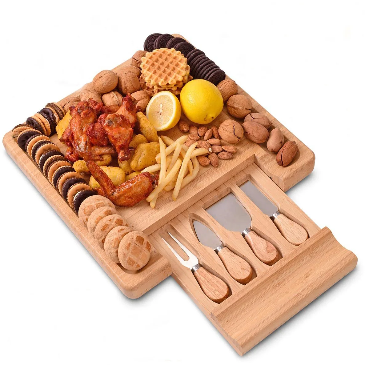 

Wholesale Square Drawer Cheese Platter Cutting Slate Bamboo Knife Wood Board Set Wooden Cheese Board, Natural