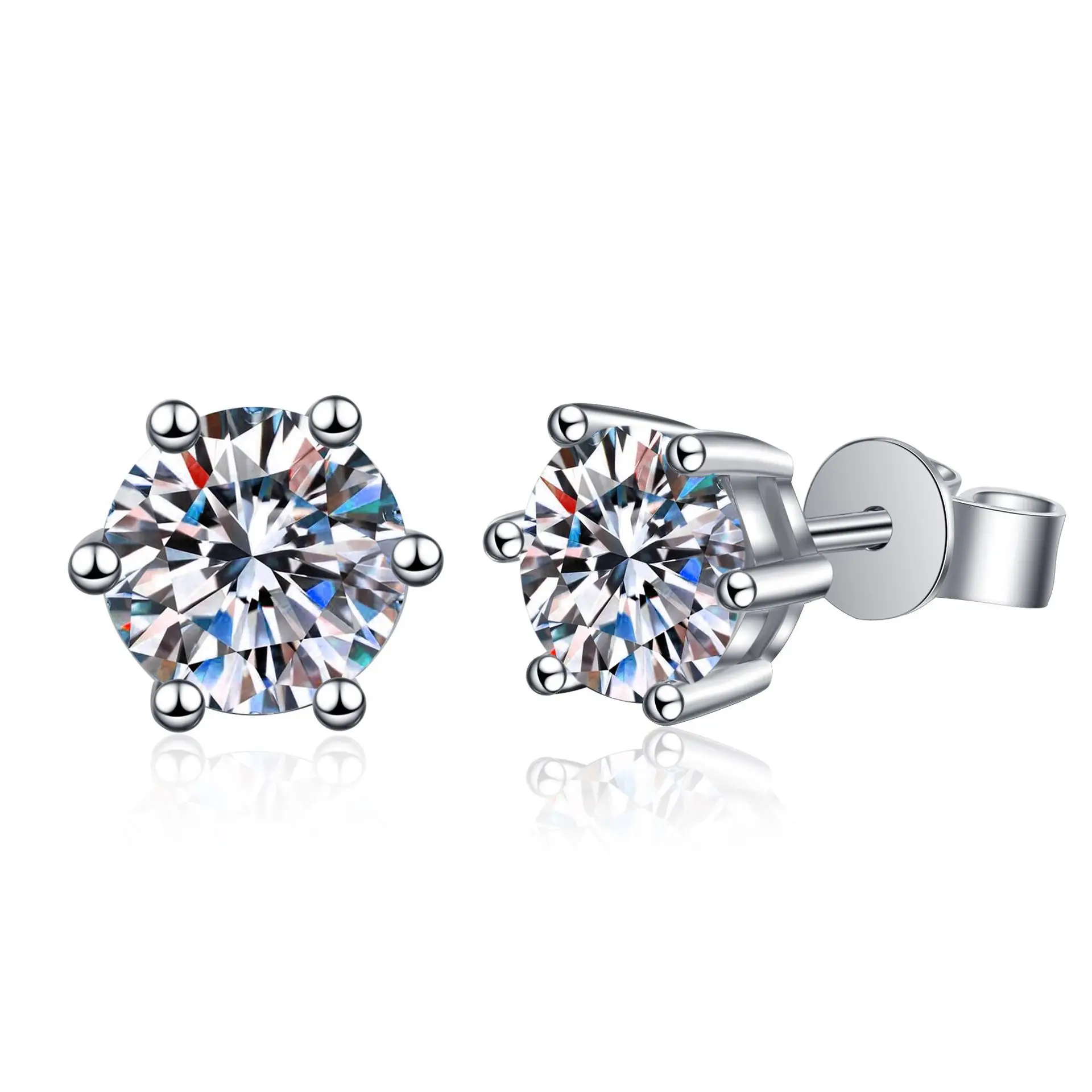 Moissanite 6-Prong Round Stud Earrings 925 Sterling Silver Wedding Engagement Party Decor for Women Girls 1Pair 0.4CT to 4CT
