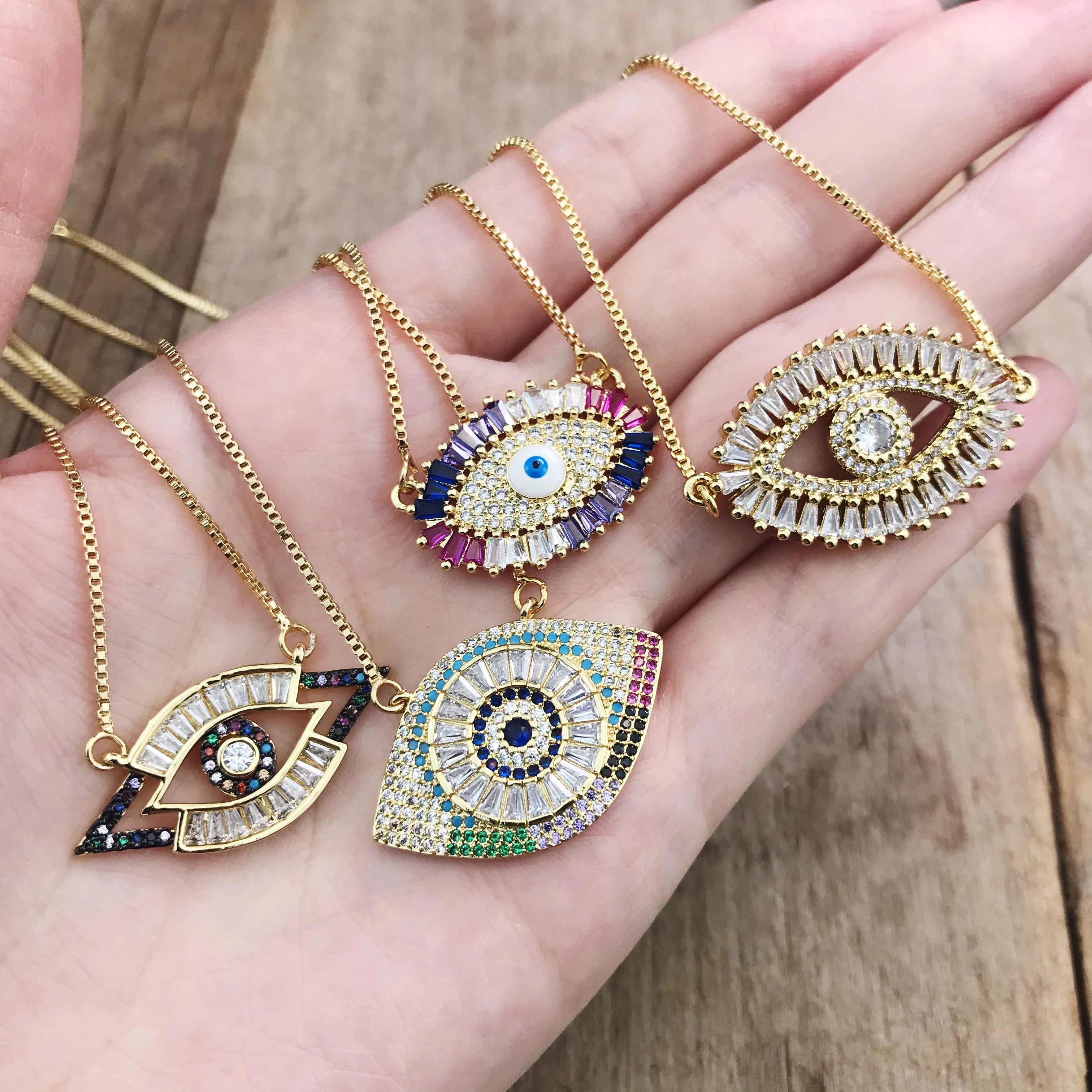 

LS-D1538 New Rainbow Evil Eyes Pendant Necklace Gold Color Copper CZ Chain Choker Necklace For Women Girls, Multi