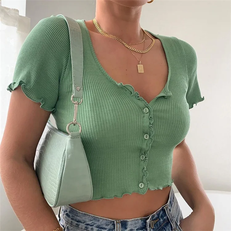 

New Arrivals Summer Casual Short Sleeve Ruffle Bodycon Women'S V-Neck Tank Tops Women Tank Tops T-Shirt, Picture color