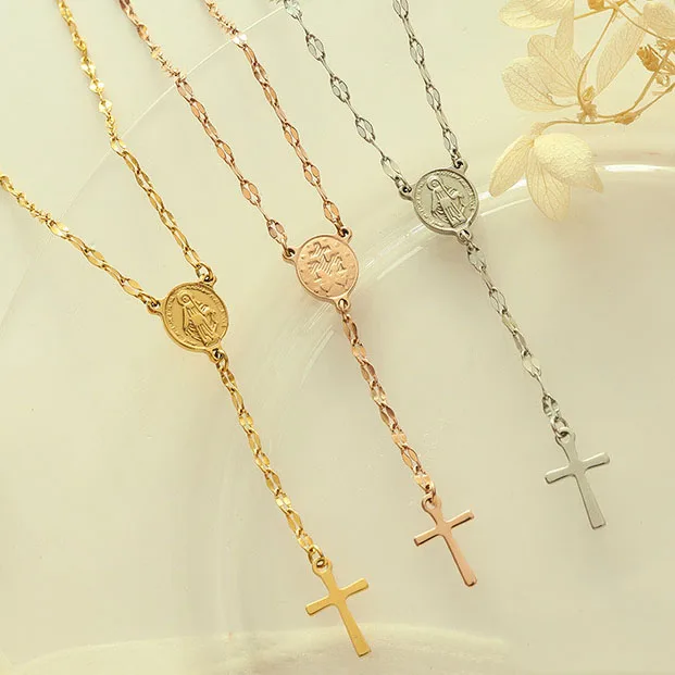 

New Fashion Stainless Steel Chain Jesus Cross Pendant Rosary Christian Necklace For Women Men