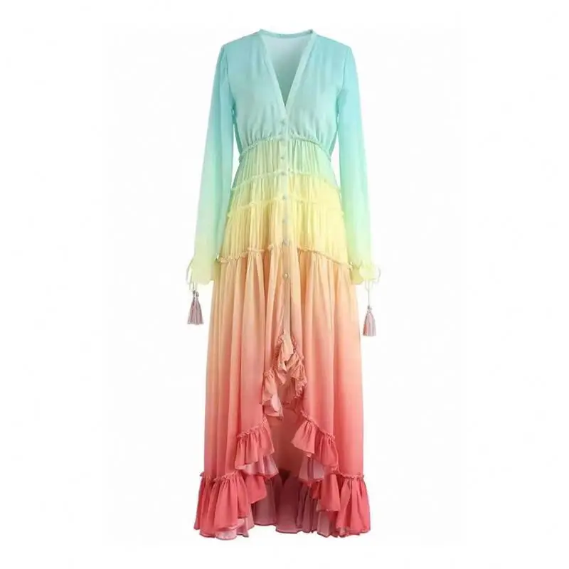 

Large Pendulum Type Chiffon Long Sleeve High Waist Longuette Womens Party Elegance Dresses, Gradient