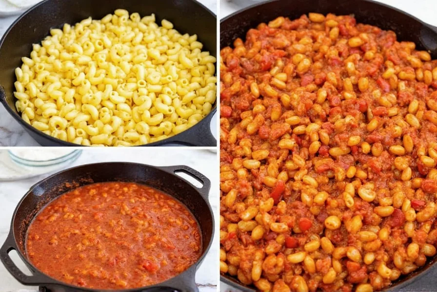 Step-by-step preparation of homemade chili macaroni showing cooked elbow macaroni mixed with rich tomato-based chili in a cast iron skillet