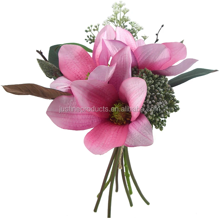 

Free Shipping Decorative Flowers With 3 Open Silk Magnolias Bunch Mixed Magnolia Leaves 37cmH High Quality Artificial Bouquet