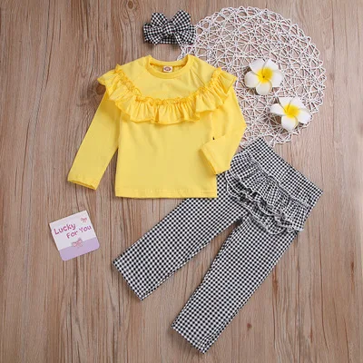 

Children Fashion Long Sleeve Suit Girls Grey Checker Hair Suit Yellow Folded Lace Top + Grey Checker 3PCS Suit, As show