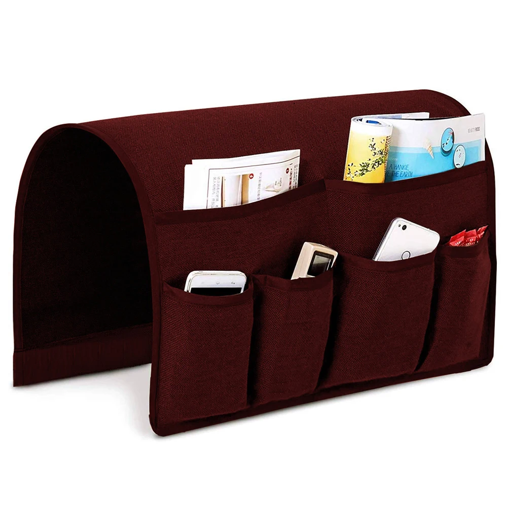 

Burgundy color couch chair armrest cover with 6 pockets sofa organizer bag