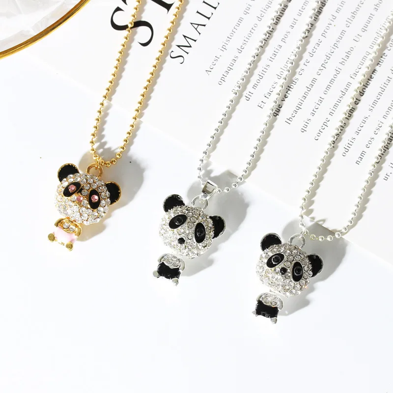 

Fashion Bling Full Crystal Rhinestone Animal Sweater Chain Cute Clear Rhinestone Panda Pendant Necklace