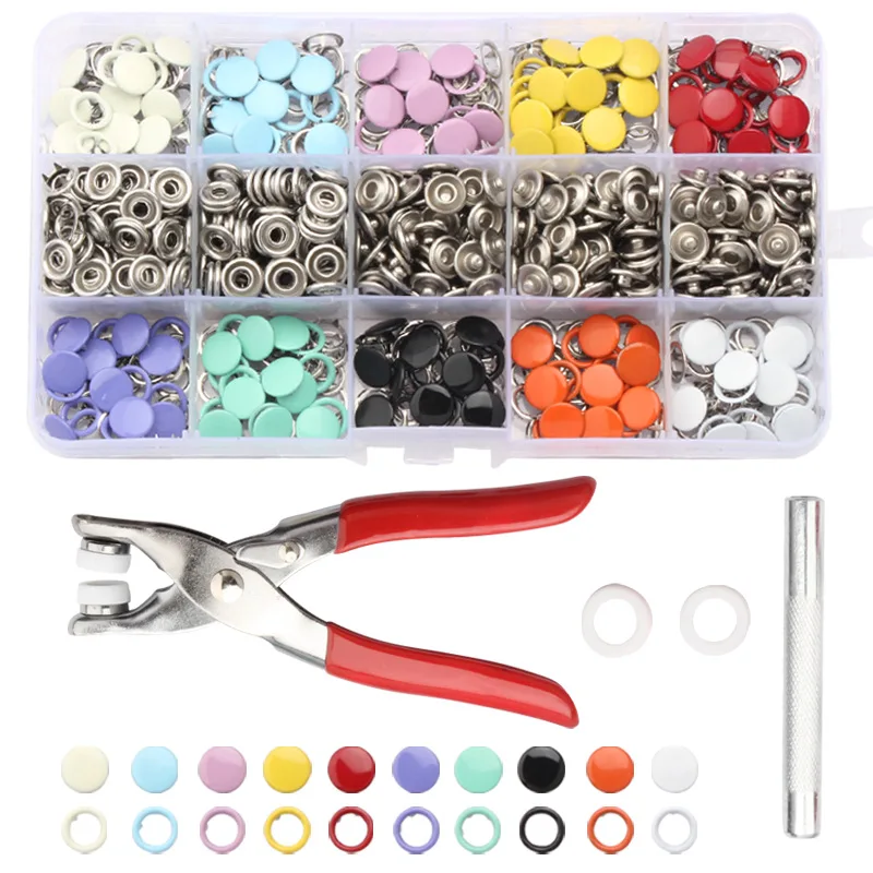 

Hot selling 10 Colors Snap Fasteners Tool Kit Hollow and Solid Metal Prong Snaps Buttons Tools baby onesie buttons