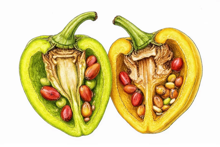 Close-up botanical illustration showing cross-section of various pepper fruits highlighting seed structure and flesh thickness
