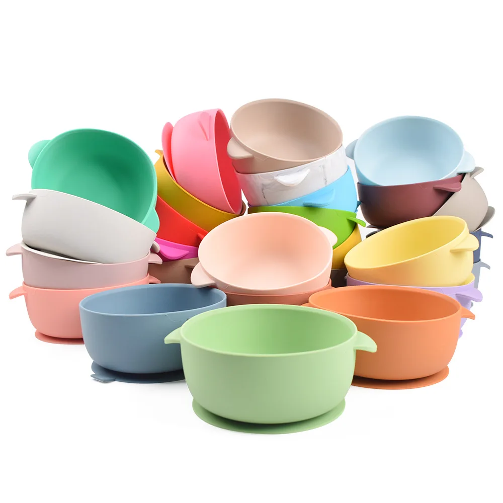 

Children's tableware silicone bowl with lid anti-drop suction cup baby training supplementary food bowl, Colorful