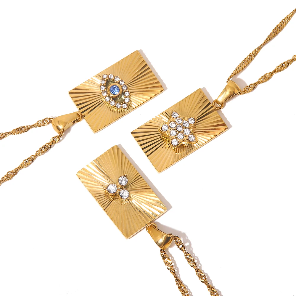

New Trend Stainless Steel Simple Star Blue Eye Zircon Paved Square Sunburst Pendant Necklace