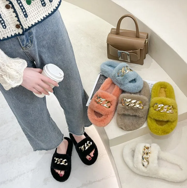 

Women Large size Slides Pure color Winter Slipper Fashion Metal chain Fur Slippers, 6 colors