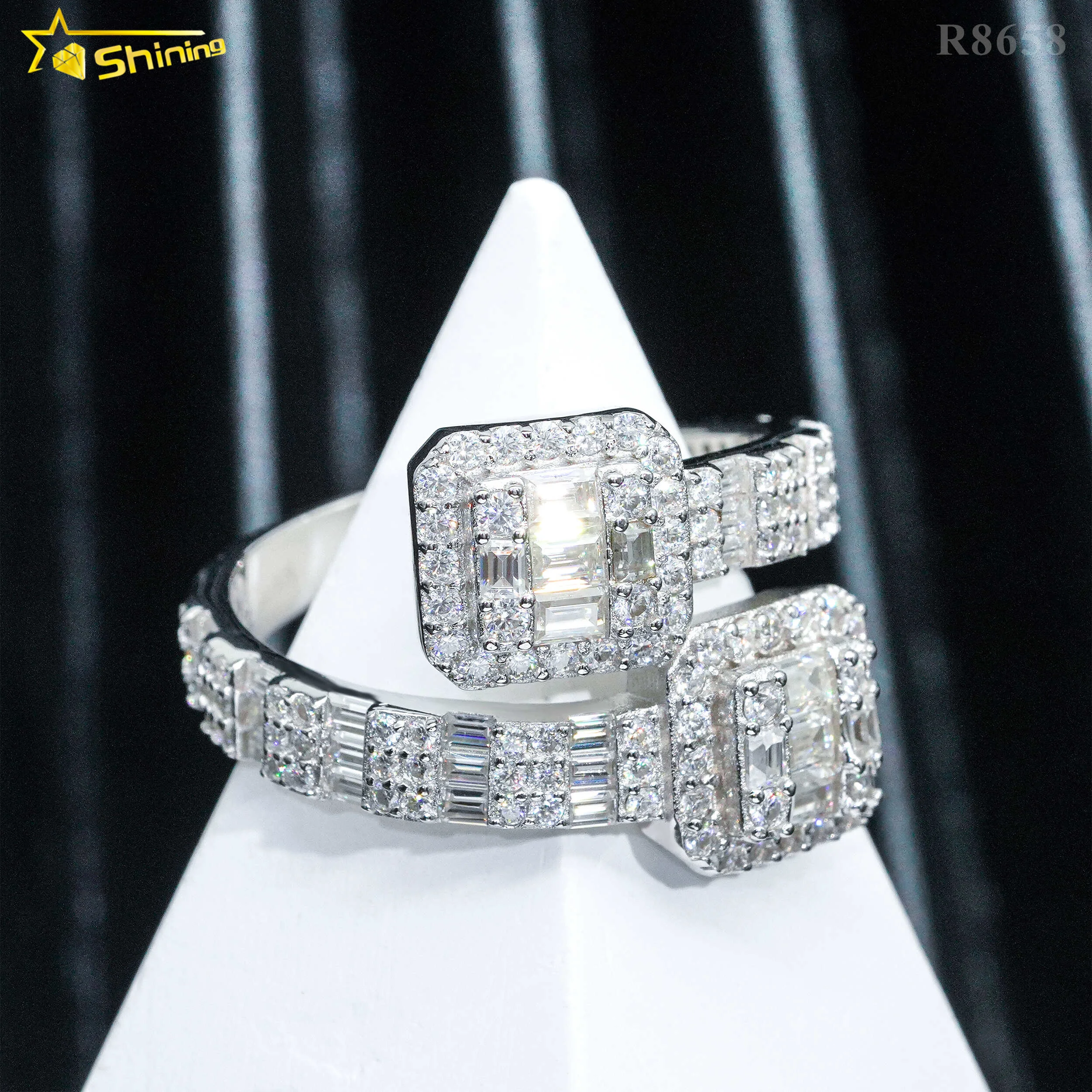 

Hot sale designs baguette moissanite men's ring gold plated 925 sterling silver pass diamond tester D moissanite iced out rings