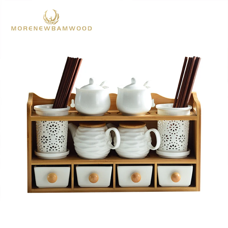 

Ceramic kitchen storage set of 10 with bamboo support, bamboo ceramic seasoning box set