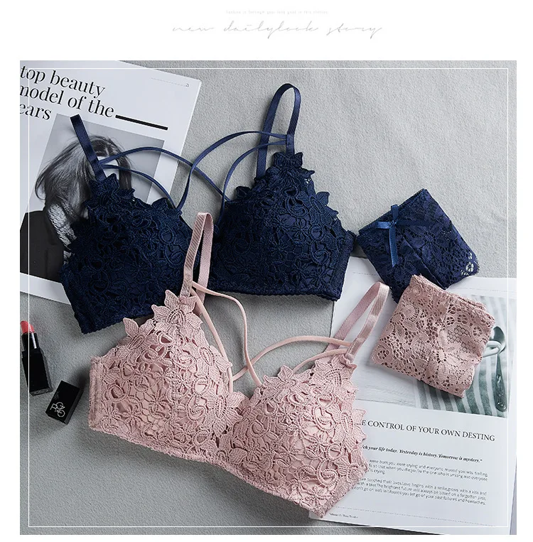 

Embroidered Flower Triangle Cup Strappy Bralette Lace Sexy Gathered Bra & Brief Sets, 6 colors