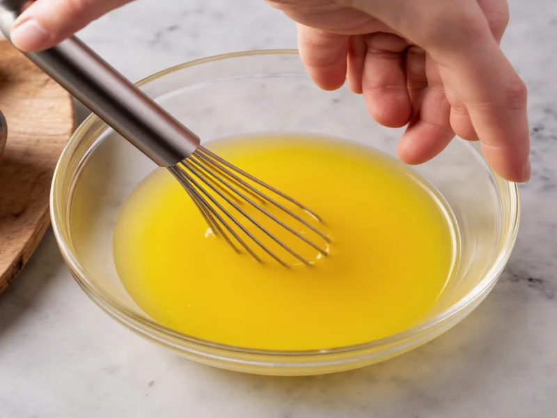 Hand whisking egg yolk and oil in glass bowl