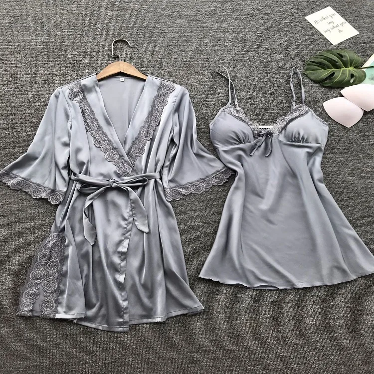 

Wholesale Women Four Pieces Lace Sleepwear Elegant Silk Satin Pajamas Set Fashion Sexy Sleepwear Women, 6 colors