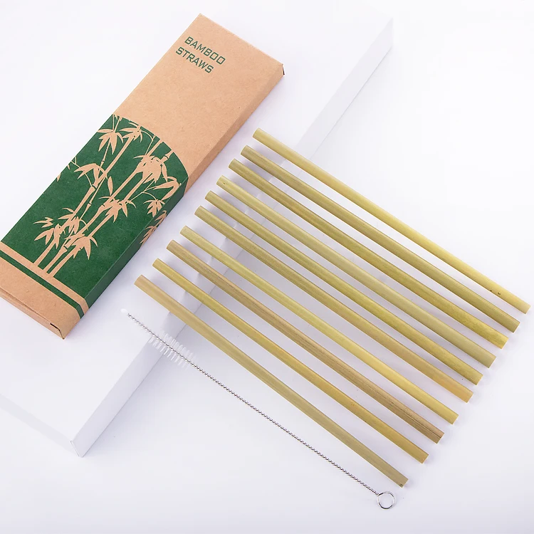 

Private label Reusable biodegradable organic bamboo straws bulk individual wrap with kraft paper box, Natural