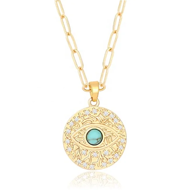 

UNIQ 18k Gold Medallion Pendant Necklace Evil Eye Coin Pendant Turuqoise Moon and Star Charm Minimalist Jewelry for Women