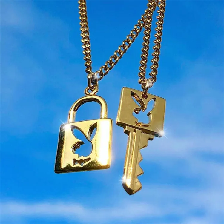 

New Design Cool Gold Plated Rabbit Head Bunny Key Lock Pendant Necklace