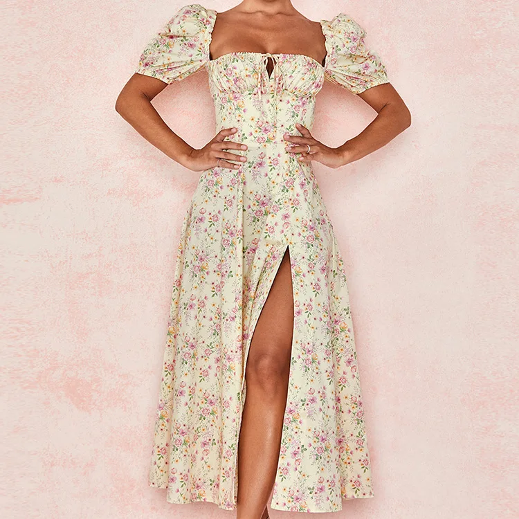 

Summer Floral Strapless Square Neck Long Dress Casual Club Party Ladies Dress