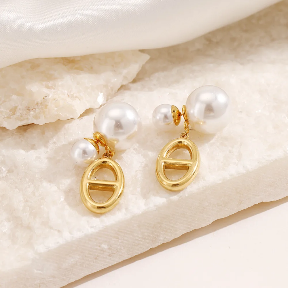 

2023 Wholesale Vintage Asymmetric Pearl Geometric Stainless Steel Earrings Jewelry For Women