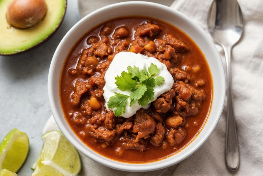 Finished beef brisket chili in bowl with toppings including sour cream, cilantro, and lime