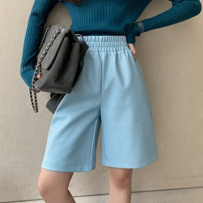 

PU001 2021 Summer PU Casual Leather Walking shorts for Women Elastic Waist