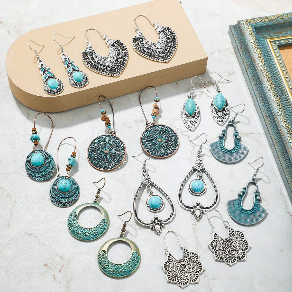 

SC Wholesale Elegant Gothic Drop Earrings Exaggerated Silver Plated Bohemian Earrings Vintage Turquoise Hoop Earrings for Women
