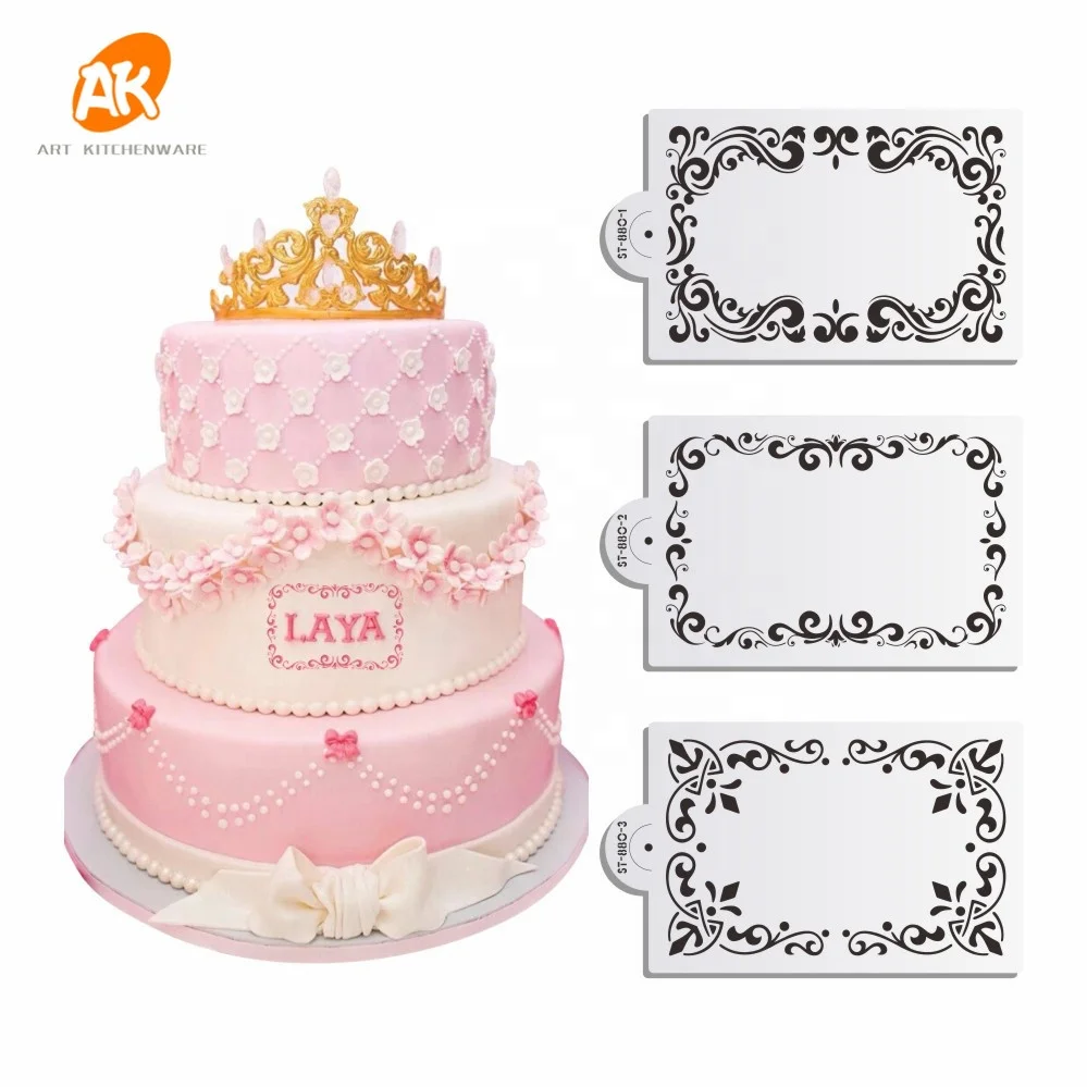 

AK Custom 3PCS Frame Royal Icing Lace Cake Stencil Laser Cut Plastic Painting Art Stencil Template for Decorating cakes ST-880